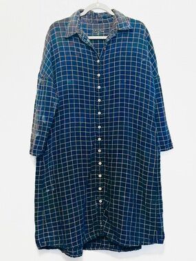 Simply Grey Linen Checked Button-Front Shirt Dress MIDI Oversized Ruched Back L